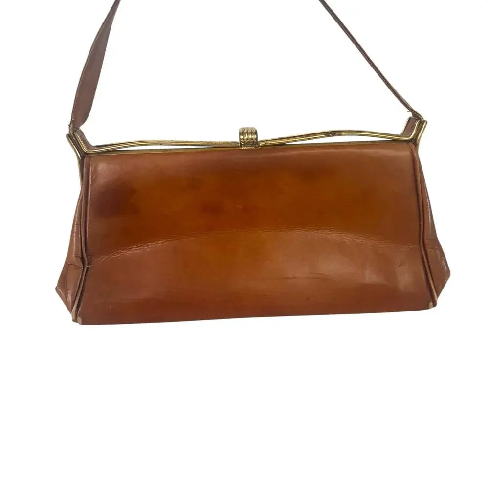 Vintage 1950s Brown Leather Frame Clutch Shoulder Bag Whipstitch